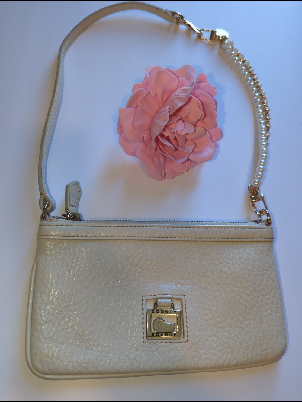 Dooney & Bourke Cream Leather Wristlet Converted Mini Shoulder Bag With Pearls